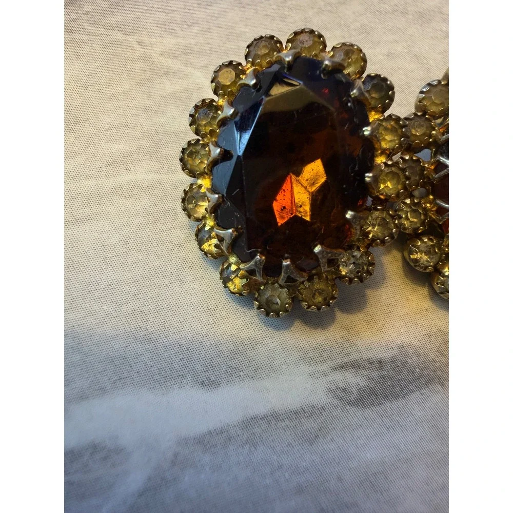 Vintage Amber Glass Rhinestone Clip On Earrings Gold Tone Costume Statement